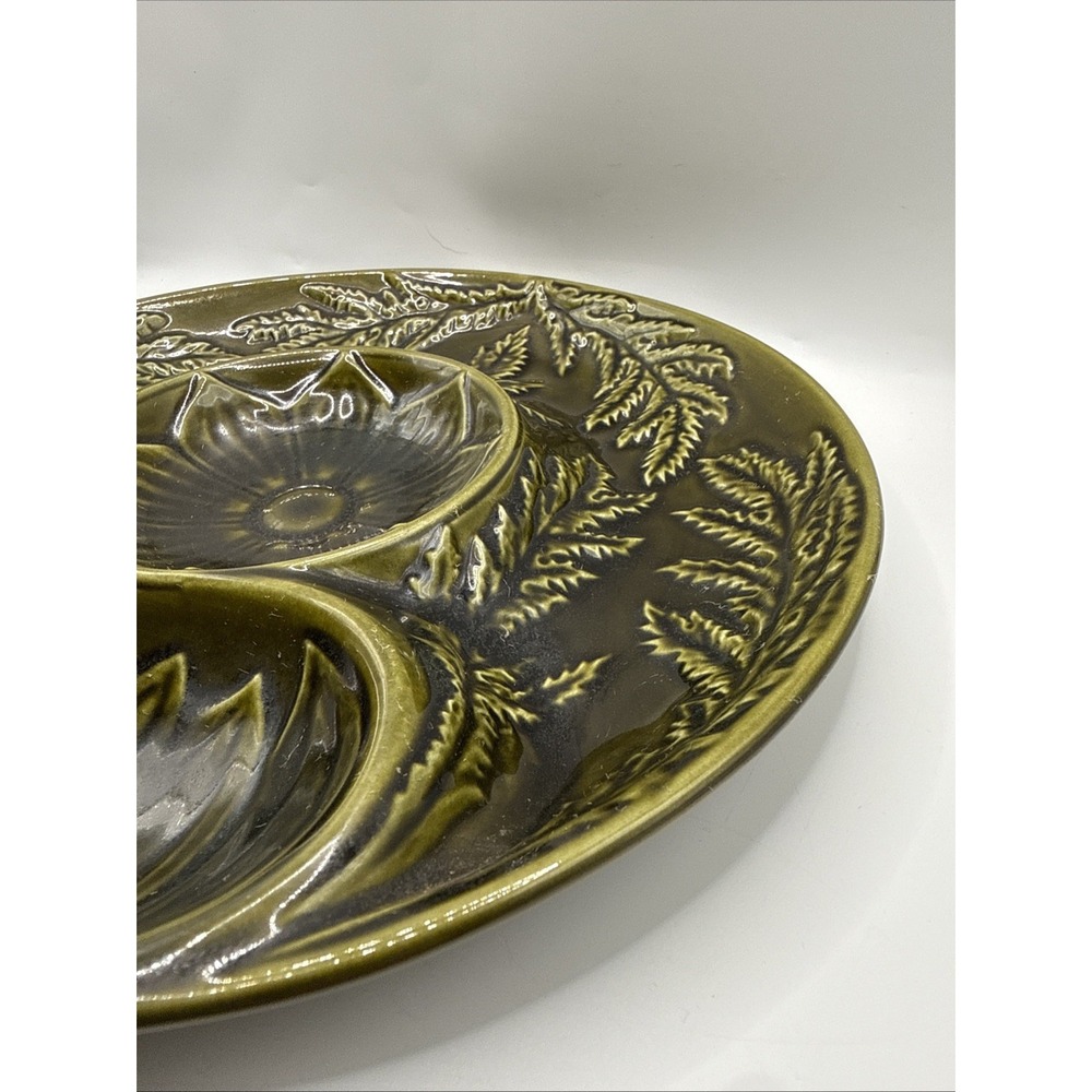 Bordello Pinhiero‎ Majolica Relish Dip Plate Potugal 8"  Green MCM Portugal